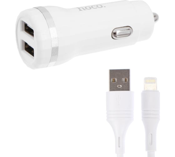 Автомобильное ЗУ HOCO QC3.0 2хUSB-А, 2.4А + кабель AM-8pin 1 м, белый, 23753-Z27iW