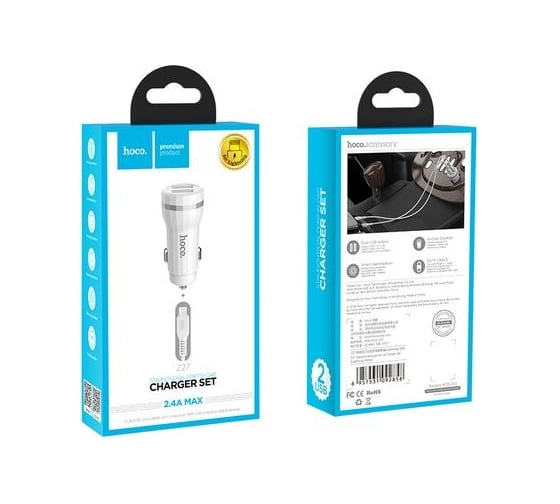 Автомобильное ЗУ HOCO QC3.0 2хUSB-А, 2.4А + кабель AM-8pin 1 м, белый, 23753-Z27iW