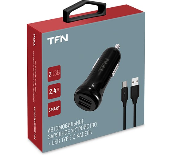 Автомобильное зарядное устройство TFN 2хUSB, 2.4 A, кабель TypeC TFN-CC2U24AUSBCBK