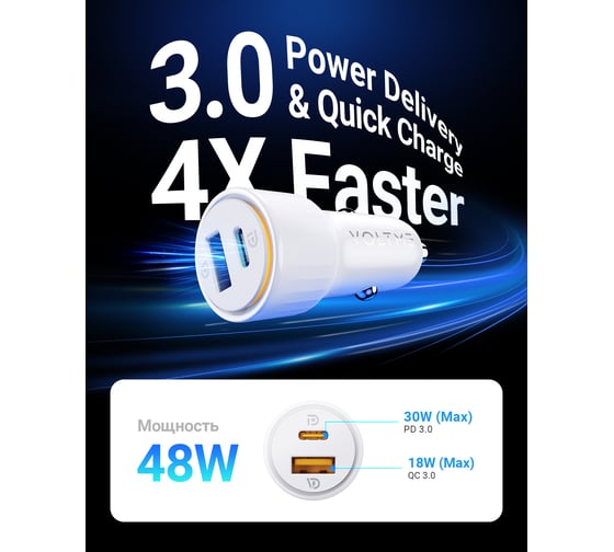 АЗУ VOLTME Cazo C48CA Car Charger, 48W, PD3.0, QC4+, белый D2035