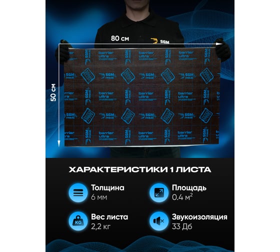 Шумоизоляция SGM Premium Barrier Ultra Prime (большие листы 0.5х0.8 м/ 6 мм)/ упаковка 5 листов/ мембрана звукоизоляционная влагостойкая SGM.BU.6.05X080.5