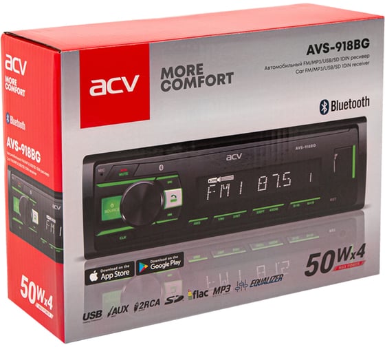 Магнитола ACV (1din/зеленая/Bluetooth/USB/AUX/SD/FM/4*50) AVS-918BG