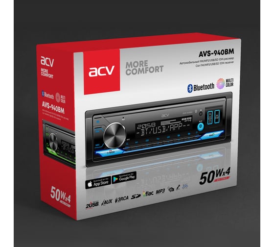 Магнитола ACV (1din/мультицвет/BT/2USB/AUX/SD/FM/3RCA/SUB/QC/4*50) AVS-940BM