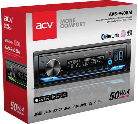 Магнитола ACV (1din/мультицвет/BT/2USB/AUX/SD/FM/3RCA/SUB/QC/4*50) AVS-940BM