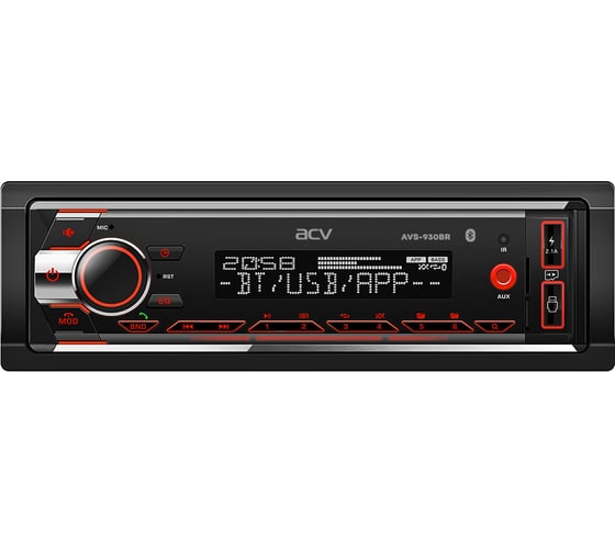 Магнитола ACV (1din/красная/BT/2USB/AUX/SD/FM/3RCA/SUB/QC/4*50) AVS-930BR 1