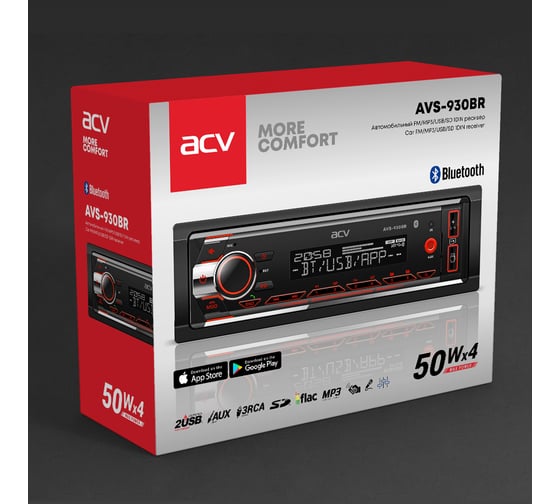 Магнитола ACV (1din/красная/BT/2USB/AUX/SD/FM/3RCA/SUB/QC/4*50) AVS-930BR