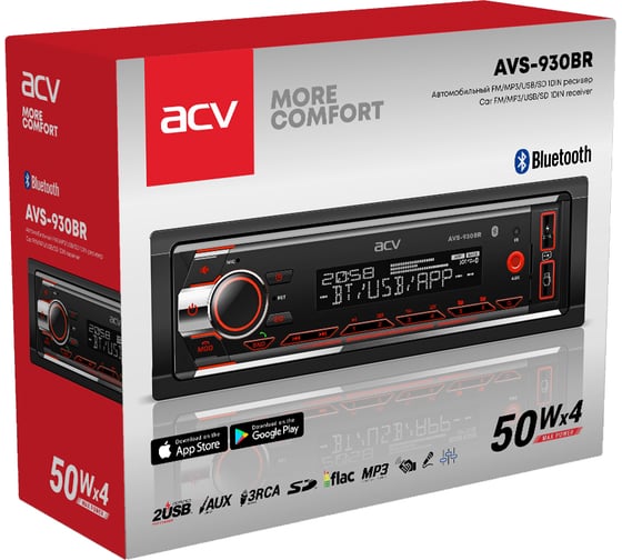 Магнитола ACV (1din/красная/BT/2USB/AUX/SD/FM/3RCA/SUB/QC/4*50) AVS-930BR
