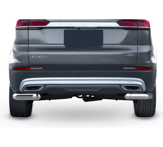 Защита заднего бампера Rival d57 уголки для Geely Atlas Pro 2021-н.в., нерж. сталь, 2 части, R.1906.002