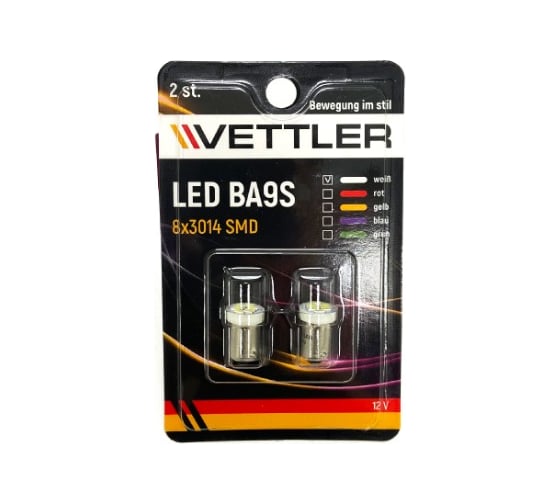 Лампа светодиодная VETTLER 12 V BA9S-8 3014 SMD белая, повторитель/подсветка фары led driver, комплект 2 шт. BA9S1230148White