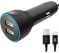 Автомобильное зарядное устройство BoraSCO 2USB, 2,4A + дата-кабель Type-C, 2А, 1м черное 50179