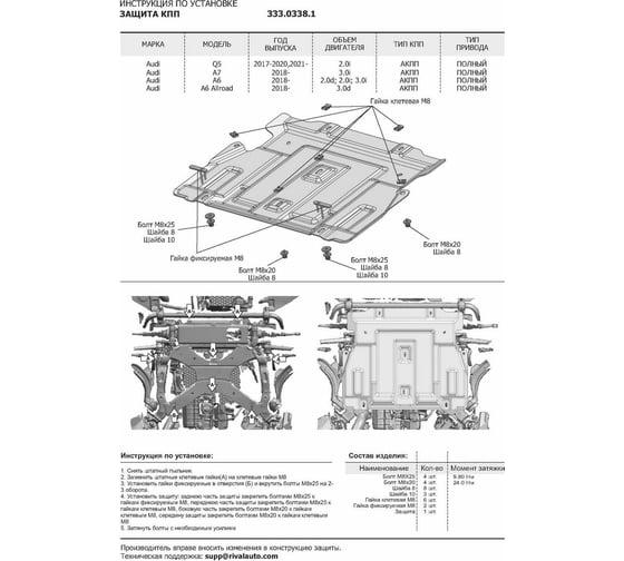 Защита КПП Rival для Audi A6 C8 (V - 2.0 (245 л.с.); 3.0 (340 л.с.))/Audi A7 4K (V - 3.0 (340 л.с.))/Audi Q5 II (V - 2.0) АКПП, 333.0338.1