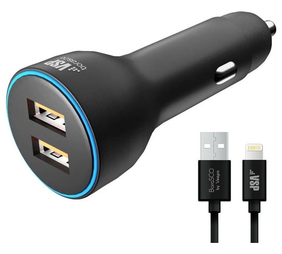 Автомобильное зарядное устройство BoraSCO 2USB, 2,4A + дата-кабель 8pin, 2А, 1м черное 50180 1