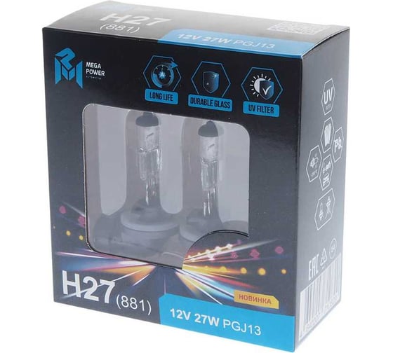 Автолампа MEGAPOWER H27W/2 PGJ13 STANDART бокс, 2 шт 12V M-37033011