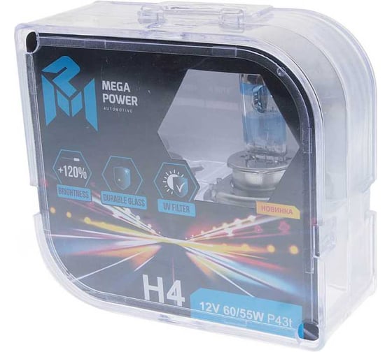 Автолампа MEGAPOWER H4 60/55 P43t-38 +120% бокс, 2шт 12V M-37033018
