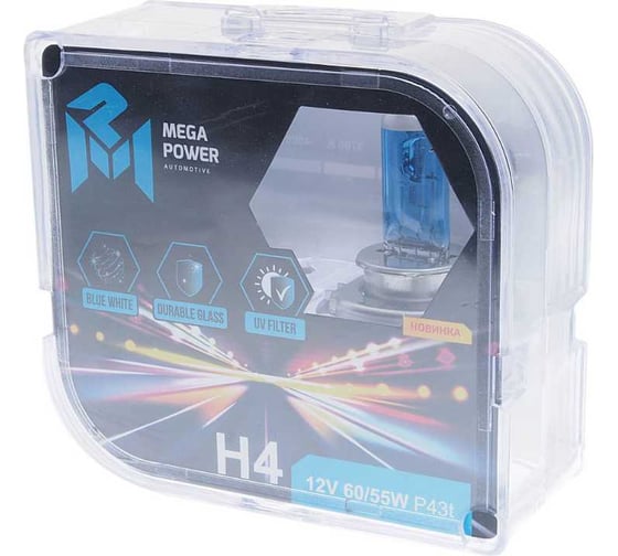 Автолампа MEGAPOWER H4 60/55 P43t-38 BLUE WHITE 4300K бокс, 2шт 12V M-37033020