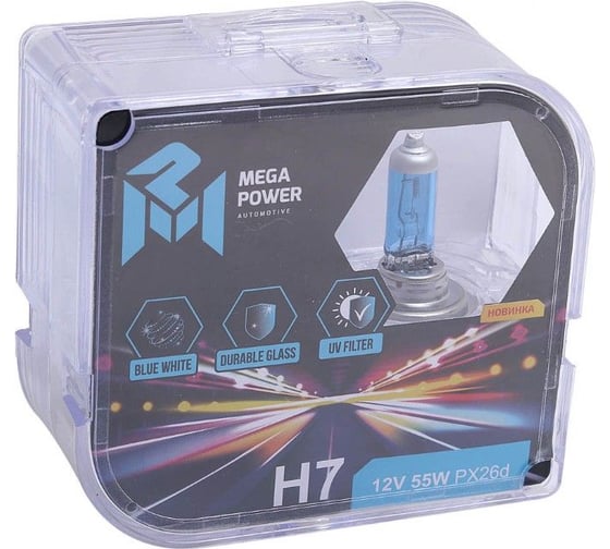 Автолампа MEGAPOWER H7 55 PX26d BLUE WHITE 4300K бокс, 2шт 12V M-37033030