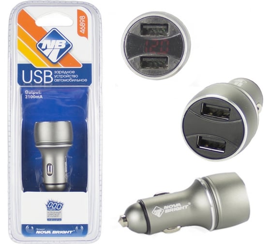 Зарядное устройство Nova Bright 2 USB-порта, 2100 мА, цифровой LED вольтметр, 12/24 В 46898