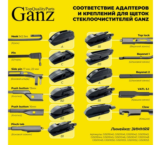 Щетка стеклоочистителя зимняя GANZ 480 мм (6 адаптеров) GIS01047
