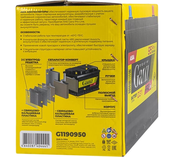 Аккумулятор GANZ PRO-Line JIS 95 А/ч, обратный, R+, 304x173x220 мм, D31 EN, 820 А G1190950