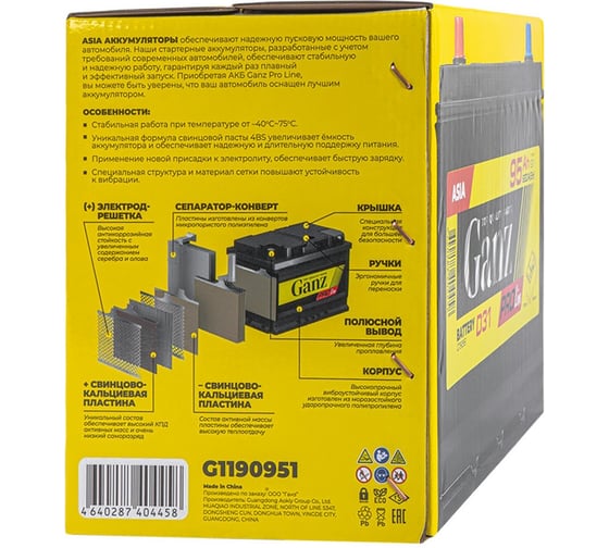 Аккумулятор GANZ PRO-Line JIS 95 А/ч прямой L+ 304x173x220 D31 EN 820 А G1190951