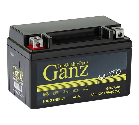 Аккумулятор мото GANZ AGM 7 А/ч, прямая, 152x87x95 мм, CCA170 А GTX7A-BS GN1207