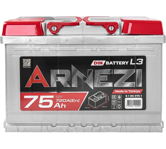Аккумулятор Arnezi DIN SMF 75 А/ч прямой L+ 278x175x190 L3 EN 720 А E1060751