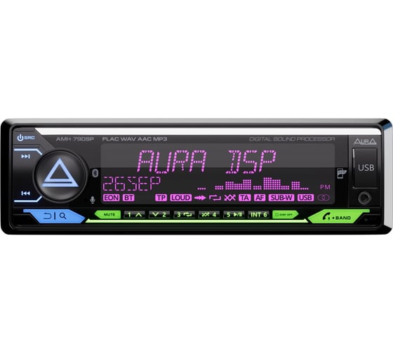 USB-ресивер AURA 4х51w, USB(1.2A)/FM/AUX/BT, 3RCA, DSP 2/3way, iD3-TAG, RGB AMH-79DSP