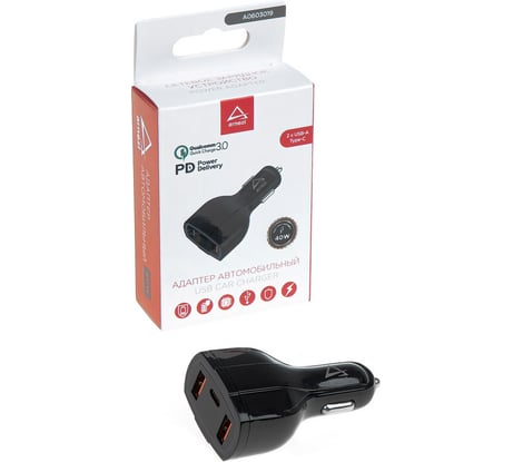 Адаптер автомобильный Arnezi 40W 2хUSB-A 3.1А (QC3.0) + Type-С (PD 3.0) 12-24V в прикуриватель A0603019