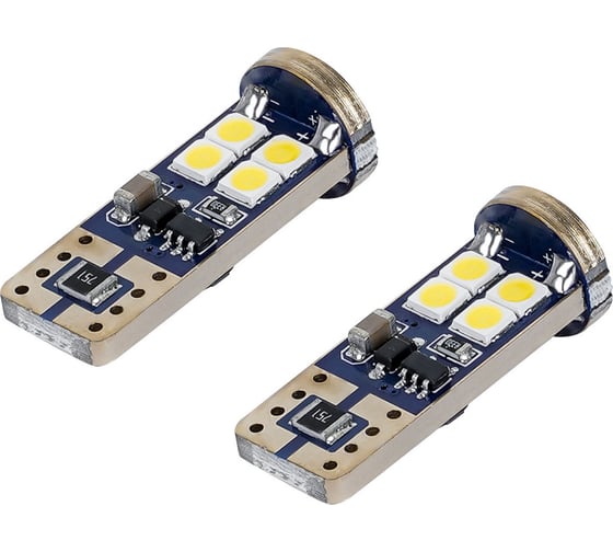 Лампa автомобильная светодиодная AIRLINE T10 (W5W), 12/24В, 12LED, Белая, обманка CANBUS, биполярная, PRO, 2 шт. в блистере AEAR323