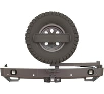 Бампер силовой задний STC Nissan Patrol Y62 2014-2019 с квадратом под фаркоп, кронштейном крепления запасного колеса по центру, кронштейном крепления гос номера и фарами заднего хода/ПТФ STC-NPY62/14-BR-C1-L2