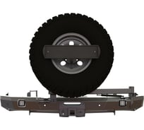 Бампер силовой задний STC Toyota Fortuner 2015+ с квадратом под фаркоп, площадкой под лебедку, кронштейнами запасного колеса по центру, гос номера, фарами заднего хода/ПТФ STC-TF15-BR-W-C1-L2