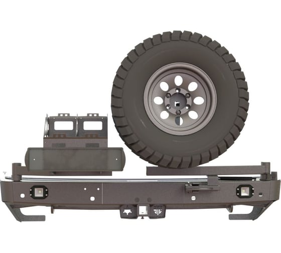 Бампер силовой задний STC Nissan Patrol Y62 2010-2014 с квадратом под фаркоп, кронштейном крепления запасного колеса справа, кронштейном на две канистры слева и фарами заднего хода/ПТФ STC-NPY62-BR-C2С4-L2