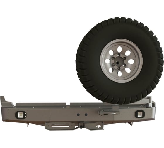 Бампер силовой задний STC Toyota Land Cruiser 80 с квадратом под фаркоп, площадкой для лебедки, кронштейном крепления запасного колеса справа и фарами заднего хода/ПТФ STC-TLC80-BR-W-C2-L2