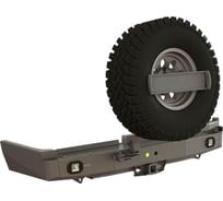 Бампер силовой задний STC Toyota Land Cruiser 80 с квадратом под фаркоп, кронштейном крепления запасного колеса по центру, кронштейном крепления гос номера и фарами заднего хода/ПТФ STC-TLC80-BR-C1-L2