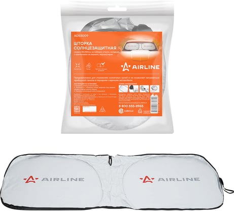 Шторка солнцезащитная на лобовое стекло (экран) Airline 80x150 см, c креплением на зеркало, черный/серый ADSS009