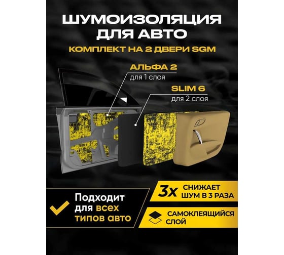 Комплект шумоизоляция для дверей автомобиля SGM (2 двери) от виброизоляция Альфа 2, шумо-теплоизоляция Slim 6 SGM.DOORS.SET