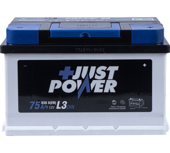 Аккумулятор JUST POWER+ 75 А/ч обратный R+ 278x175x175 L3B EN 650 А J1L3750