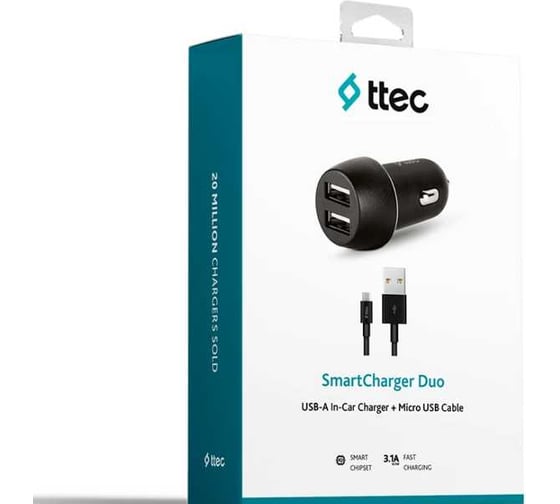 Автомобильное зарядное устройство TTEC SmartCharger Duo3.1A In-Car Charger Duo USB с кабелем Micro USB, черный 2CKS21MS