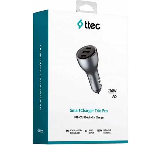 Автомобильное зарядное устройство TTEC SmartCharger Trio PD 130W Car Fast Charger 2 USB-C + USB-A, черный 2CKP05S