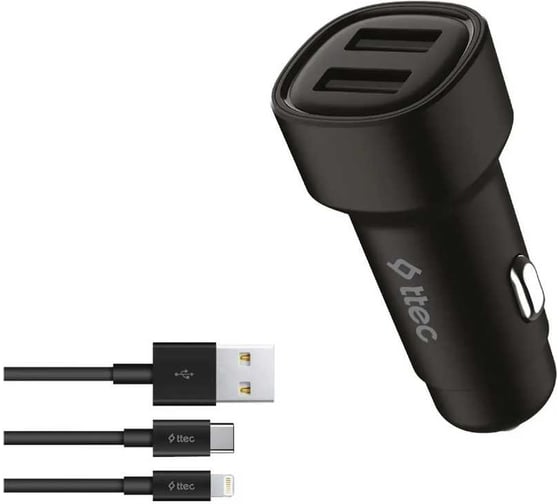 Автомобильное зарядное устройство USB-A c кабелями Lightning и USB-C, черный TTEC 2CKS31DS