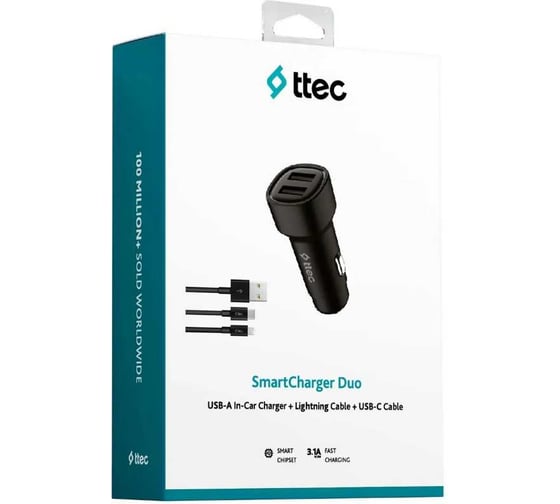 Автомобильное зарядное устройство USB-A c кабелями Lightning и USB-C, черный TTEC 2CKS31DS