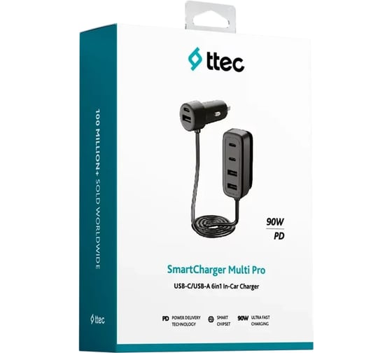 Автомобильное зарядное устройство TTEC 6-в-1 SmartCharger 6in1 PD 90W Car Fast Charger 3 USB-C + 3 USB-A. Цвет: черный 2CKP06S