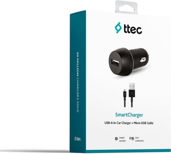 Автомобильное зарядное устройство TTEC SmartCharger 2.1A In-Car Charger с кабелем Micro USB. Цвет: черный 2CKS20MS