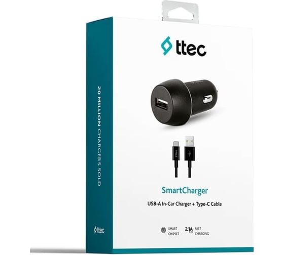 Автомобильное зарядное устройство TTEC SmartCharger 2.1A In-Car Charger с кабелем USB-C. Цвет: черный 2CKS20CS