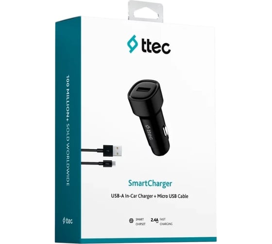 Автомобильное зарядное устройство TTEC SmartCharger 2.4A Car Charger с кабелем Micro USB. Цвет: черный 2CKS30MS