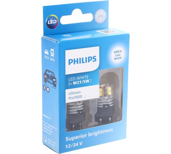 Автолампа PHILIPS W21/5W W3x16q LED WHITE Ultinon Pro7000 6000K 2 шт 12/24V 11066CU70X2