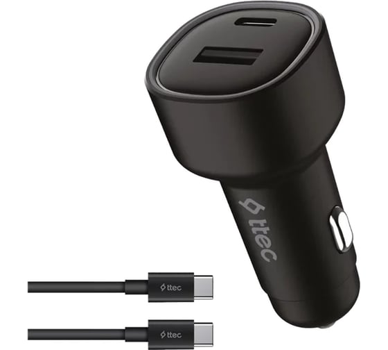 Автомобильное зарядное устройство TTEC SmartCharger Duo PD 48W Car Fast Charger USB-C+USB-A с кабелем USB-C-USB-C 3A, черный 2CKP02CS