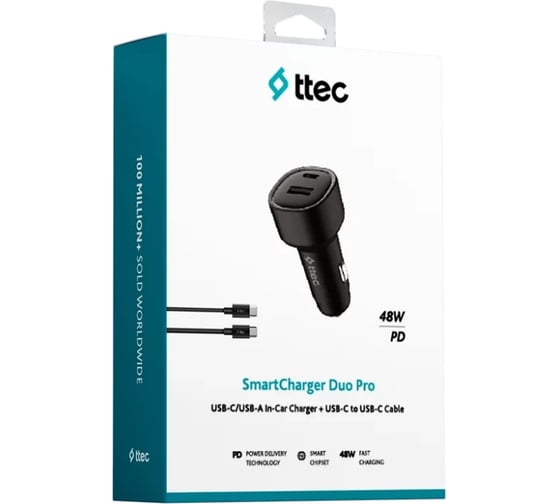 Автомобильное зарядное устройство TTEC SmartCharger Duo PD 48W Car Fast Charger USB-C+USB-A с кабелем USB-C-USB-C 3A, черный 2CKP02CS