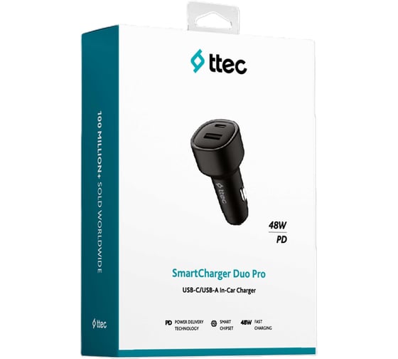 Автомобильное зарядное устройство TTEC SmartCharger Duo PD 48W Car Fast Charger USB-C + USB-A, черный 2CKP02S