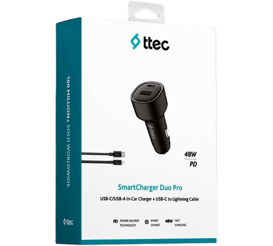 Автомобильное зарядное устройство TTECSmartCharger Duo PD 48W Vehicle Fast Charger USB-C+USB-A с кабелем USB-C-Lightning, черный  2CKP02LS
